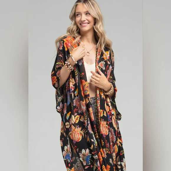 Bohemian Moroccan & Floral Print Kimono w/ Side Slits - Rich Deep Colors - Picture 4 of 5
